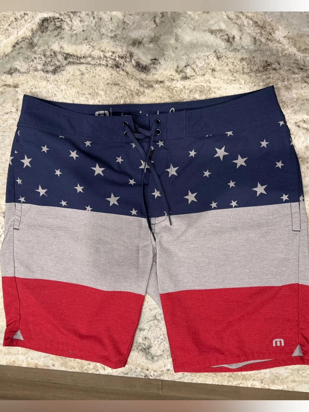 Travis Mathew | Board Swim Shorts | Size 36 | Red, Blue, Gray, American Flag